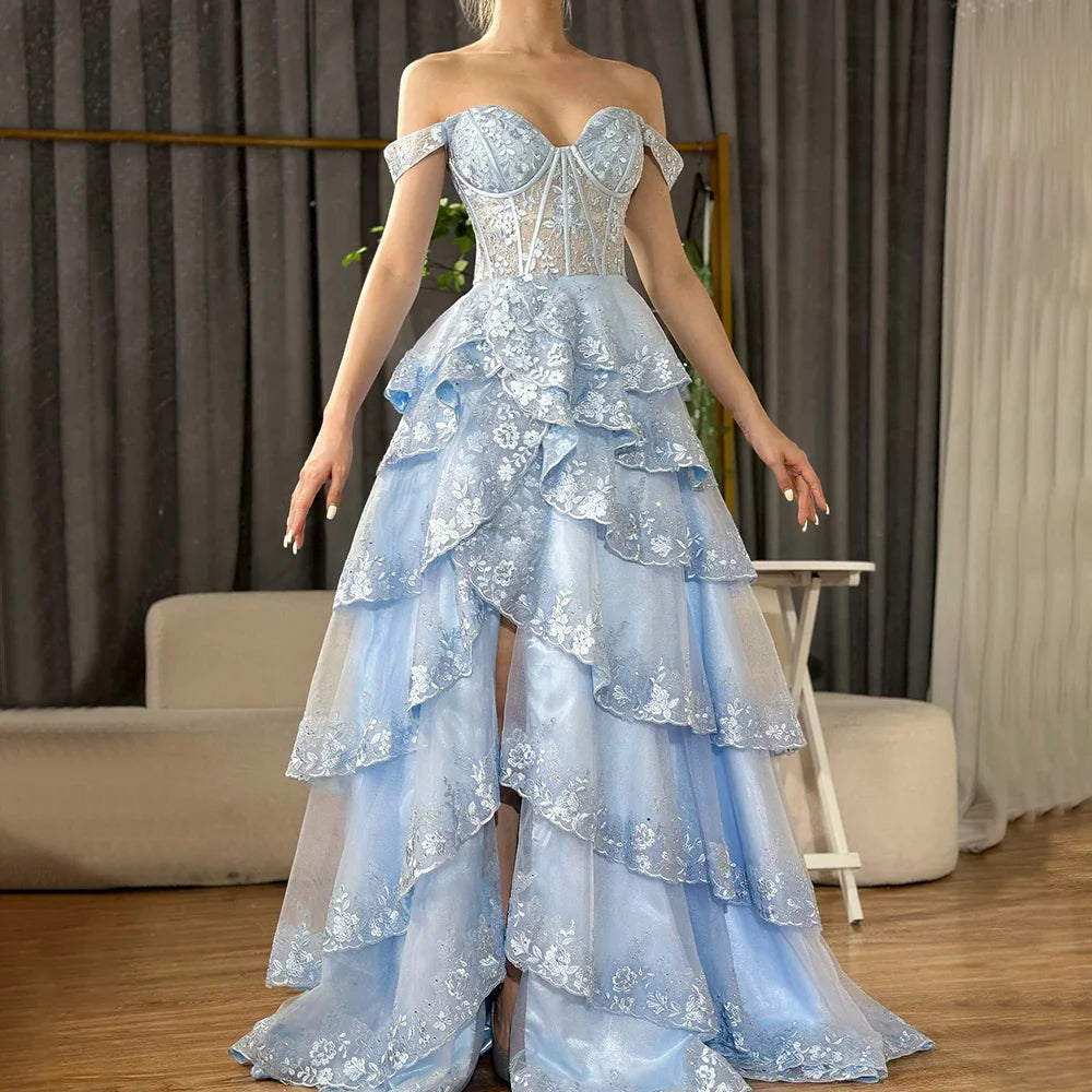 Arabisches, türkisfarbenes Abendkleid mit Schulterträgern, gestuften Perlen und Schlitz vorne für formelle Anlässe 2025 LA72593A 