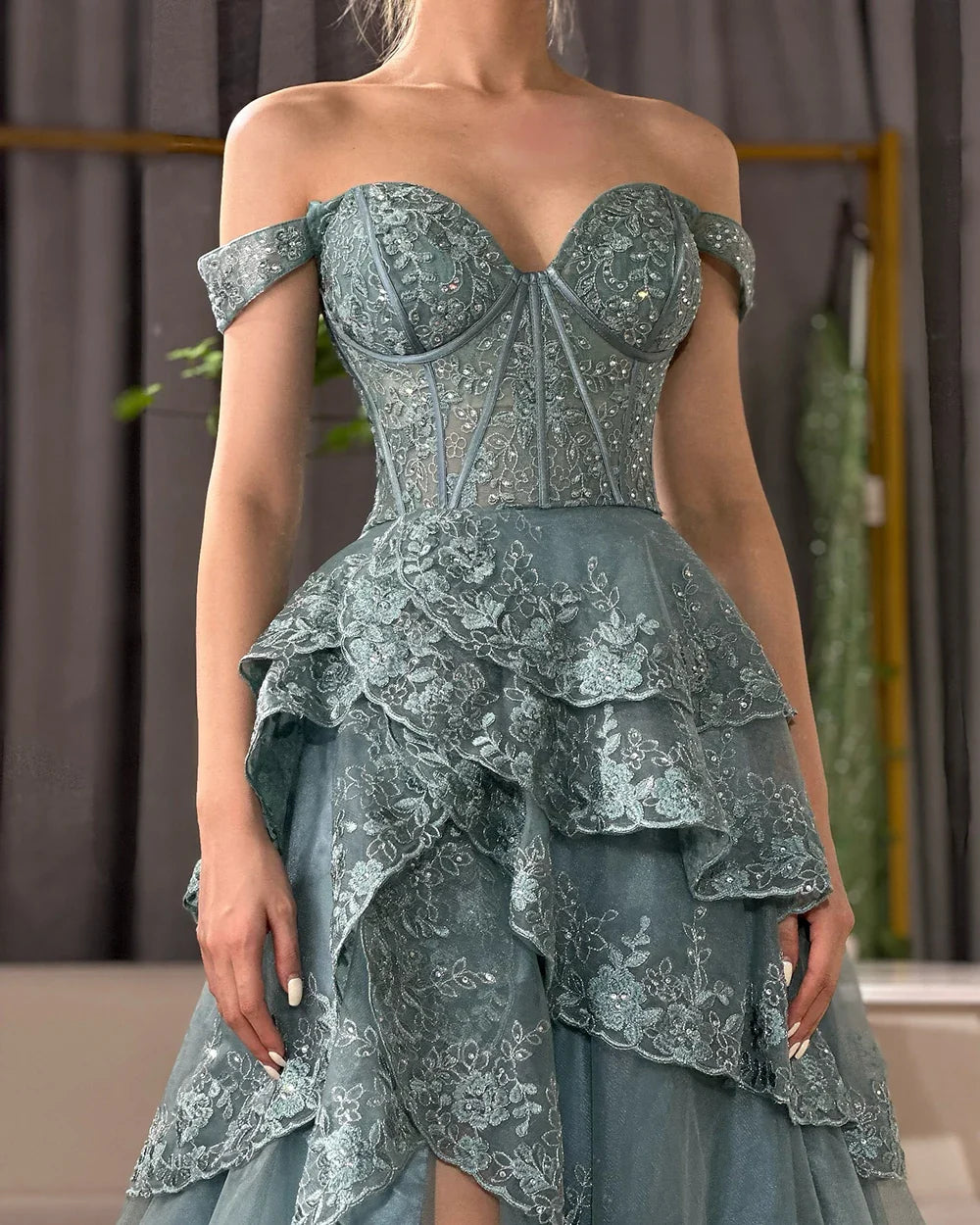Arabic Turquoise Shoulder Strap Tiered Beaded Evening Gown with Front Split for Formal Occasion 2025 LA72593A