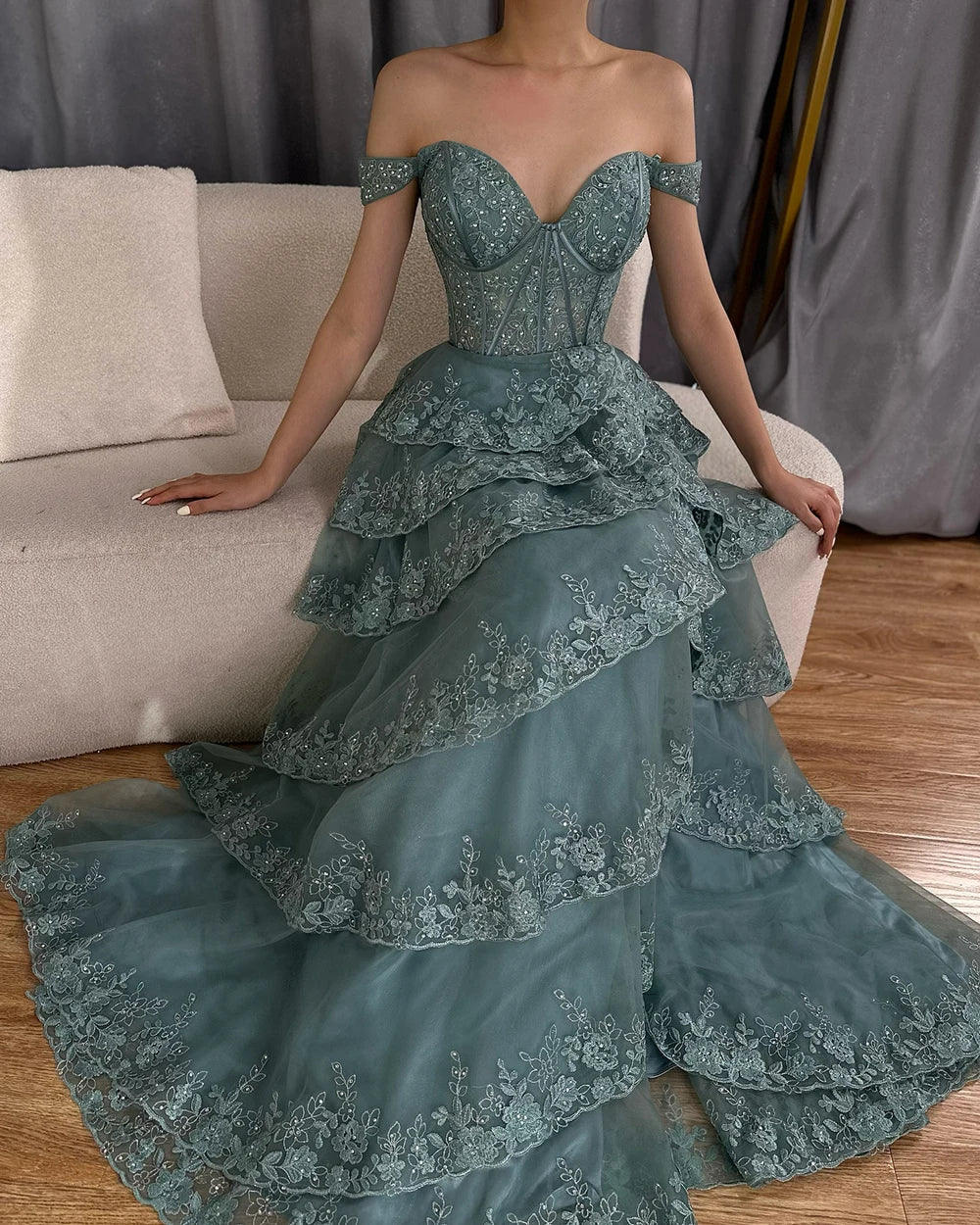 Arabic Turquoise Shoulder Strap Tiered Beaded Evening Gown with Front Split for Formal Occasion 2025 LA72593A