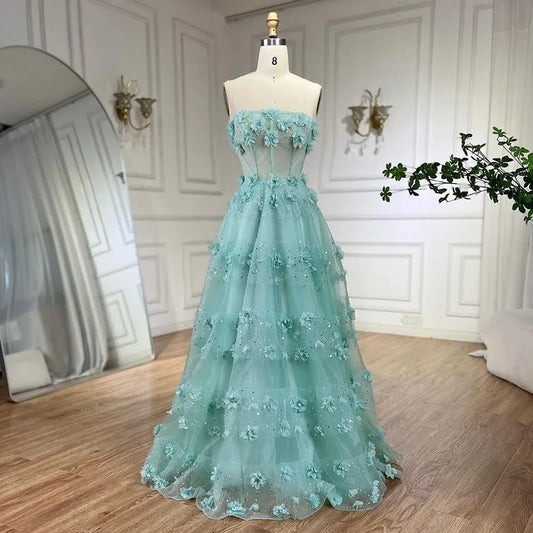 Elegante vestido de noche largo en turquesa árabe sin tirantes y apliques, corte A, para mujer, para fiesta de boda 2025 LA72445 