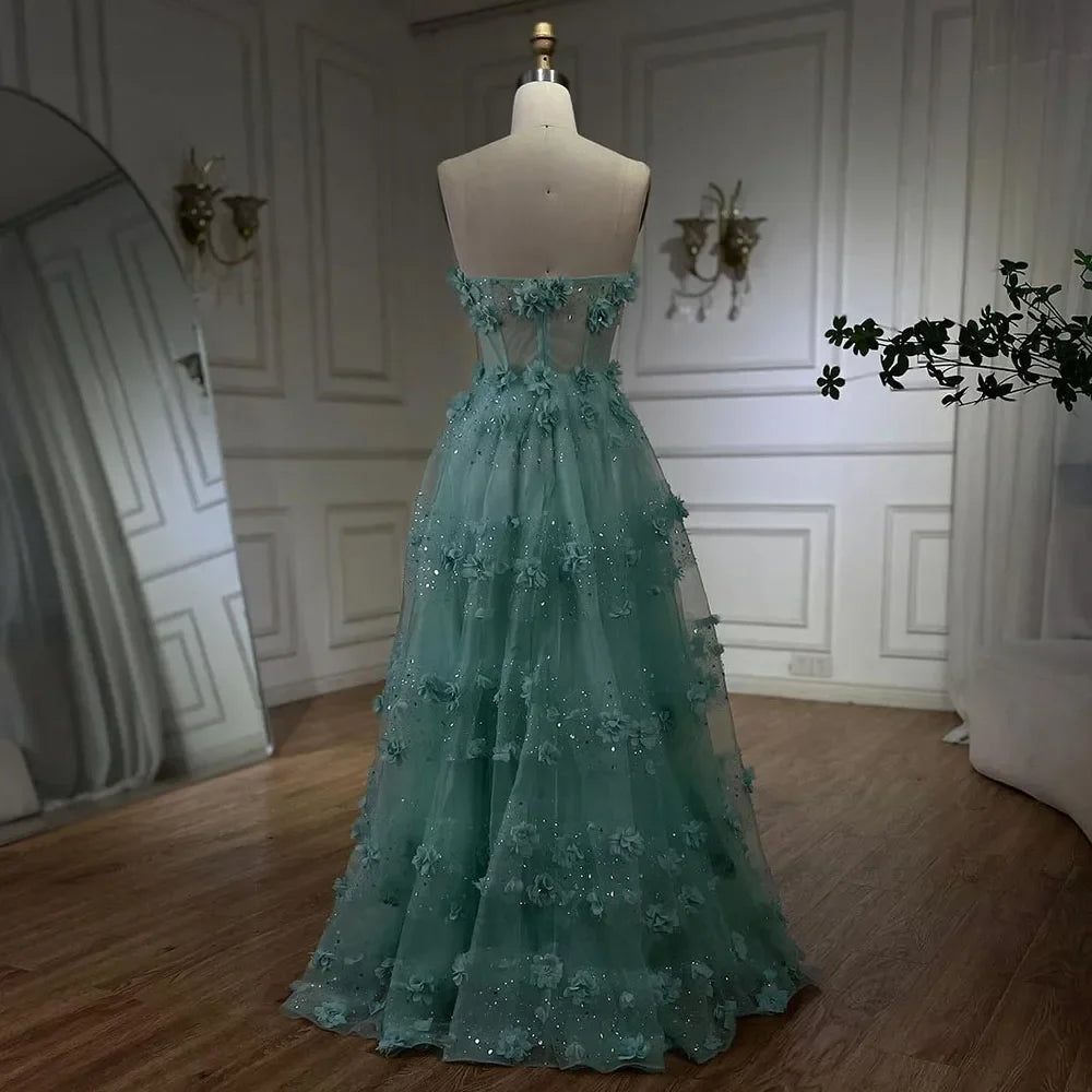 Elegante vestido de noche largo en turquesa árabe sin tirantes y apliques, corte A, para mujer, para fiesta de boda 2025 LA72445 