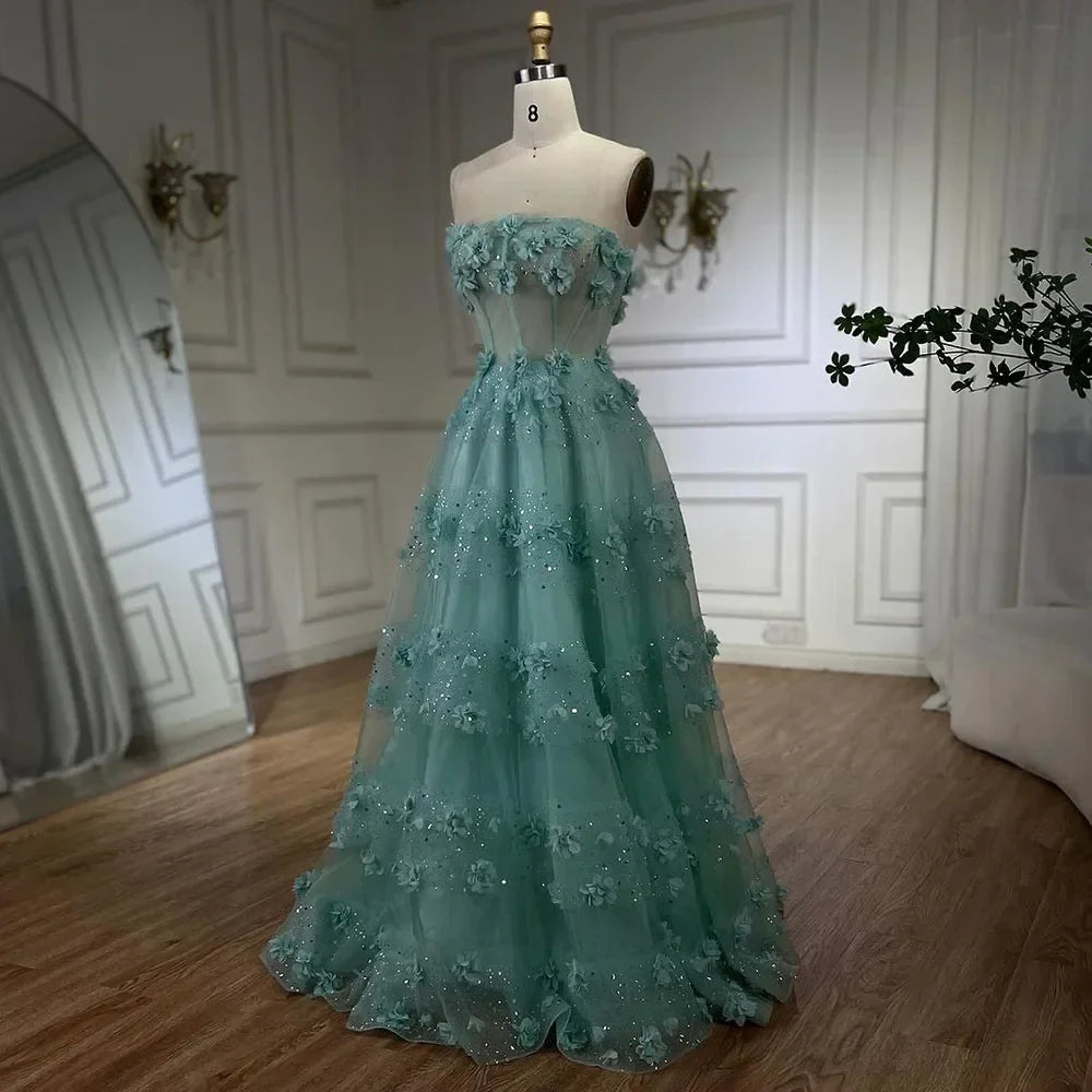 Elegante vestido de noche largo en turquesa árabe sin tirantes y apliques, corte A, para mujer, para fiesta de boda 2025 LA72445 