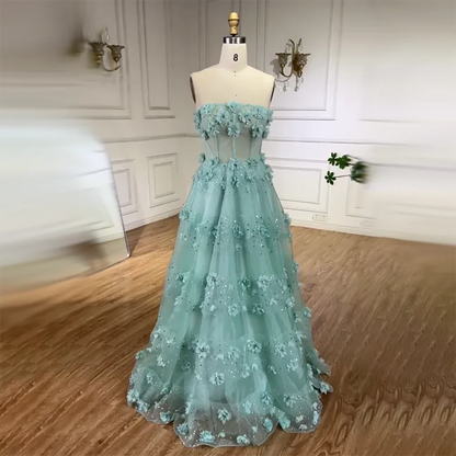 Elegante vestido de noche largo en turquesa árabe sin tirantes y apliques, corte A, para mujer, para fiesta de boda 2025 LA72445 