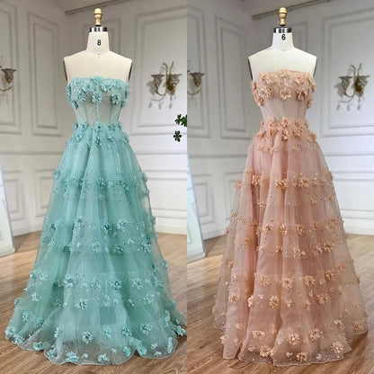 Elegante vestido de noche largo en turquesa árabe sin tirantes y apliques, corte A, para mujer, para fiesta de boda 2025 LA72445 
