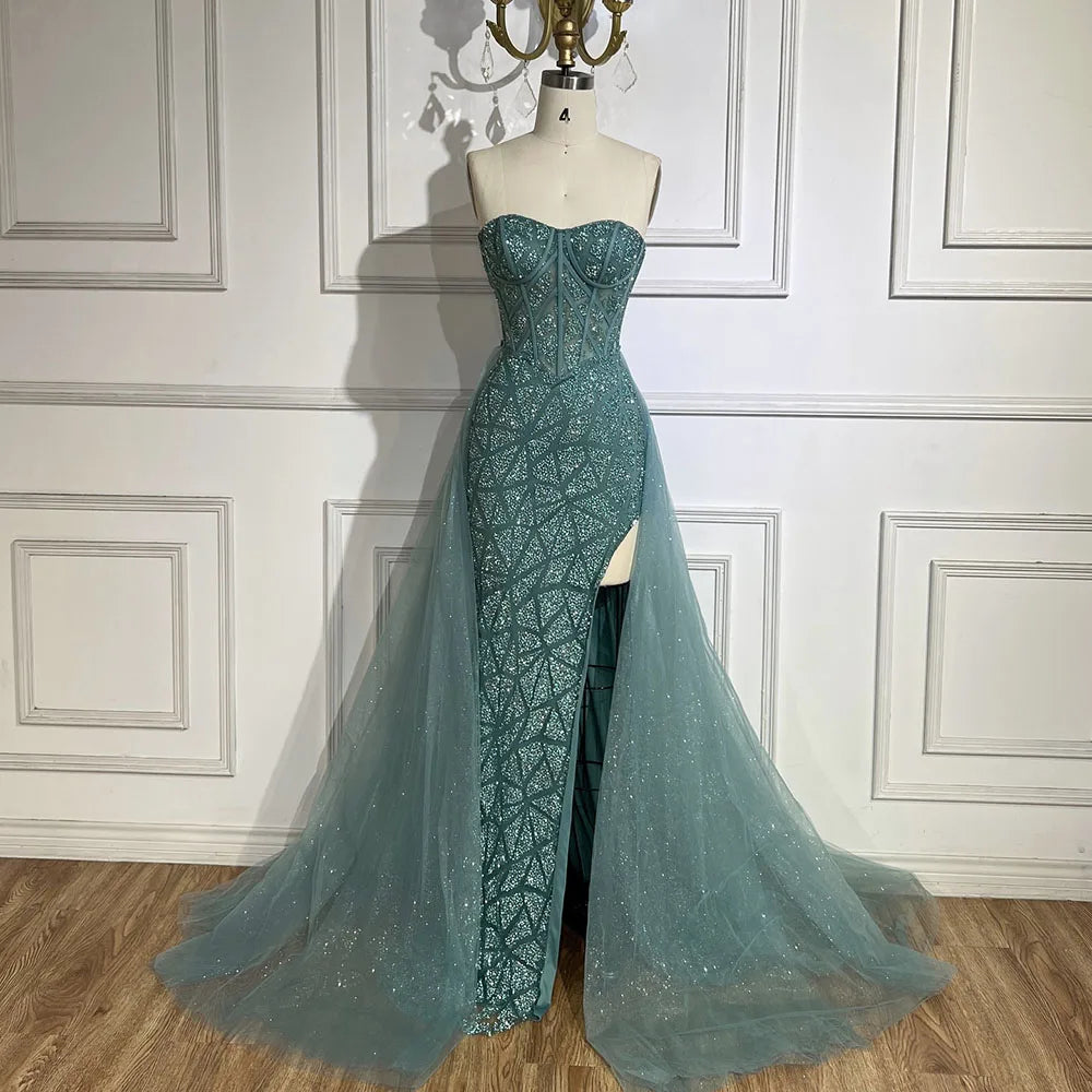 Arabisches, türkisfarbenes, trägerloses, hochgeschlossenes Meerjungfrau-Abendkleid mit Perlenbesatz für Damen, Hochzeitsfeier 2025 LA72610 