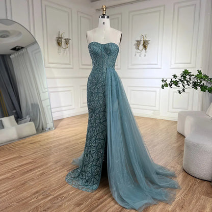 Vestido de noche de lujo con cuentas, sirena, corte alto, sin tirantes y color turquesa árabe para mujer, ideal para bodas 2025 LA72610 