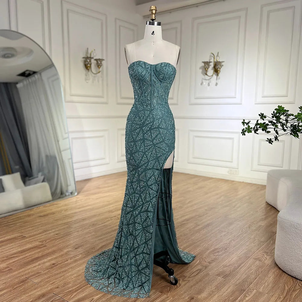 Arabisches, türkisfarbenes, trägerloses, hochgeschlossenes Meerjungfrau-Abendkleid mit Perlenbesatz für Damen, Hochzeitsfeier 2025 LA72610 