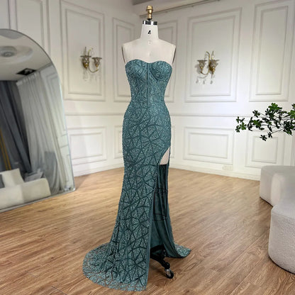 Vestido de noche de lujo con cuentas, sirena, corte alto, sin tirantes y color turquesa árabe para mujer, ideal para bodas 2025 LA72610 