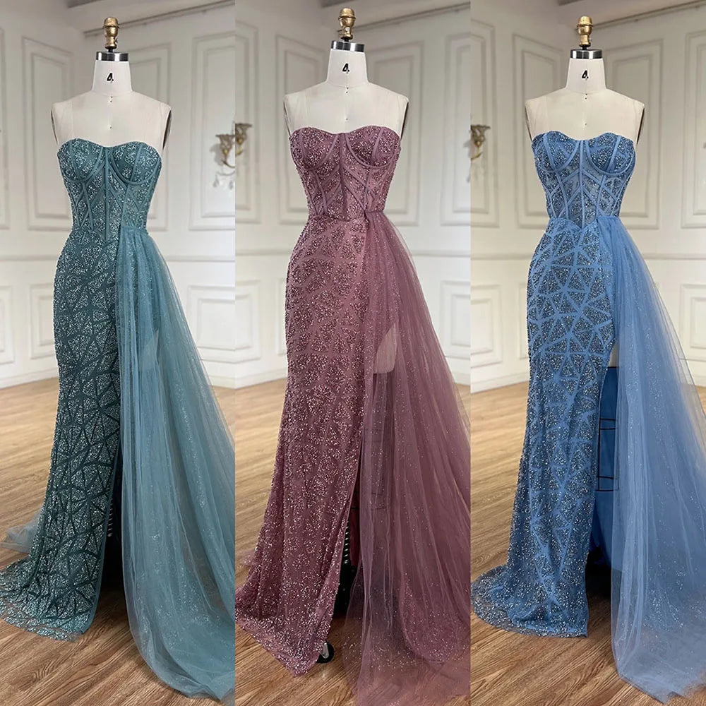 Vestido de noche de lujo con cuentas, sirena, corte alto, sin tirantes y color turquesa árabe para mujer, ideal para bodas 2025 LA72610 