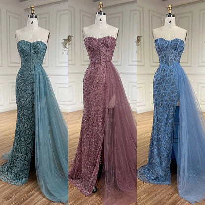 Vestido de noche de lujo con cuentas, sirena, corte alto, sin tirantes y color turquesa árabe para mujer, ideal para bodas 2025 LA72610 