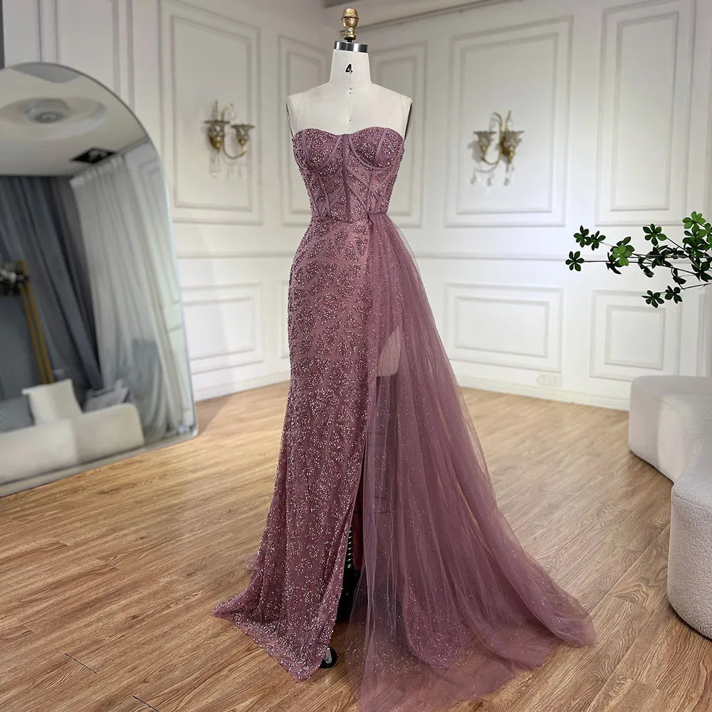 Vestido de noche de lujo con cuentas, sirena, corte alto, sin tirantes y color turquesa árabe para mujer, ideal para bodas 2025 LA72610 