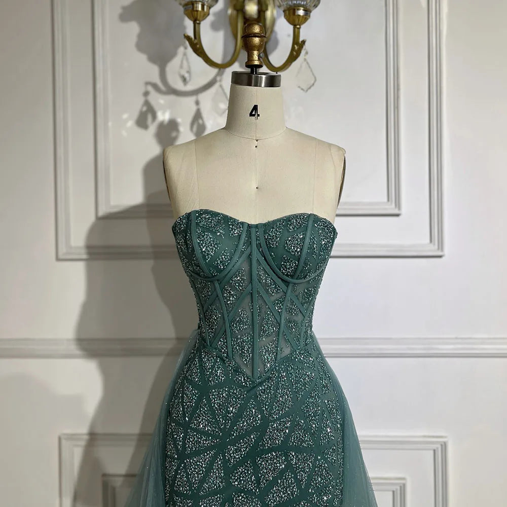Arabisches, türkisfarbenes, trägerloses, hochgeschlossenes Meerjungfrau-Abendkleid mit Perlenbesatz für Damen, Hochzeitsfeier 2025 LA72610 
