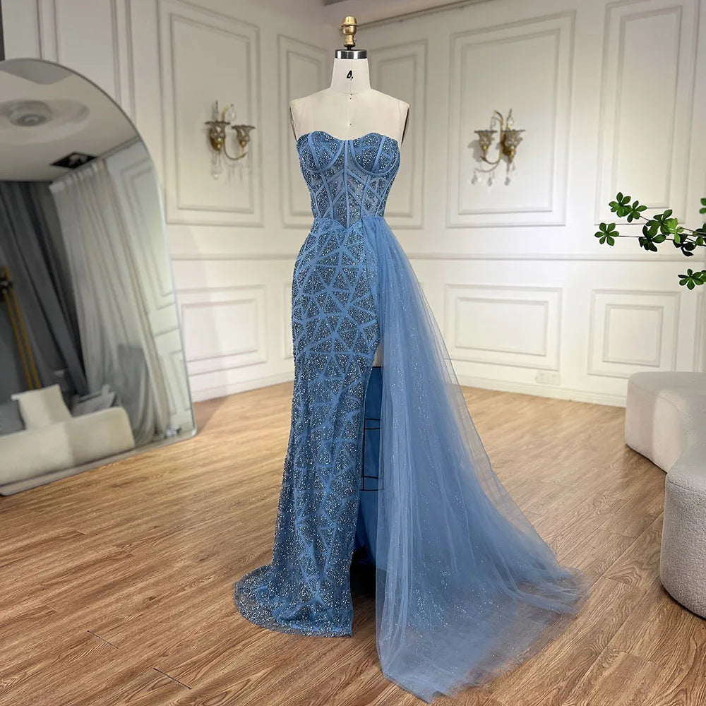 Vestido de noche de lujo con cuentas, sirena, corte alto, sin tirantes y color turquesa árabe para mujer, ideal para bodas 2025 LA72610 
