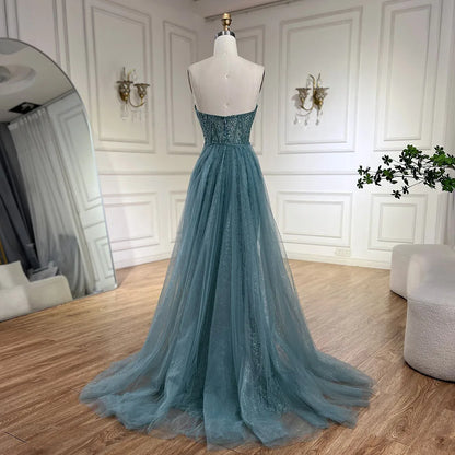 Vestido de noche de lujo con cuentas, sirena, corte alto, sin tirantes y color turquesa árabe para mujer, ideal para bodas 2025 LA72610 