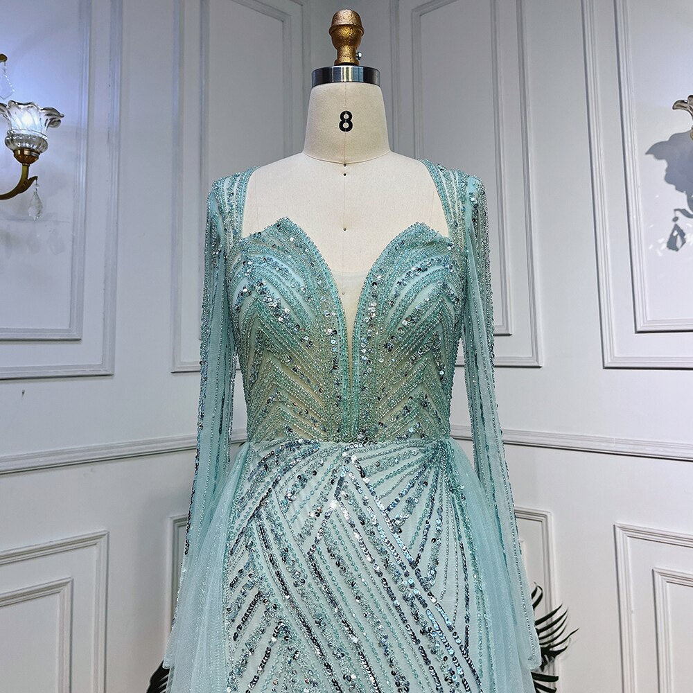 Zum Verkauf, keine Rückgabe, keine Rückerstattung, Arabisch, Türkis, V-Ausschnitt, Meerjungfrau, Perlen, sexy, offener Schlitz, Abendkleider 2025 für Frauen, Hochzeitsfeier LA72006 