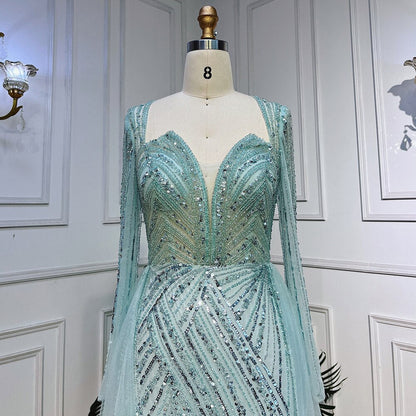Zum Verkauf, keine Rückgabe, keine Rückerstattung, Arabisch, Türkis, V-Ausschnitt, Meerjungfrau, Perlen, sexy, offener Schlitz, Abendkleider 2025 für Frauen, Hochzeitsfeier LA72006 