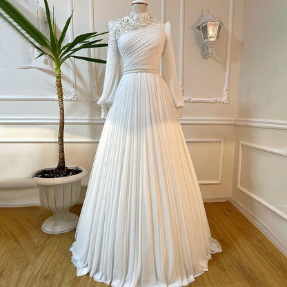 Vestidos de noche musulmanes árabes blancos con flores 3D, corte A y cuentas, para mujer, fiesta, LA71515 