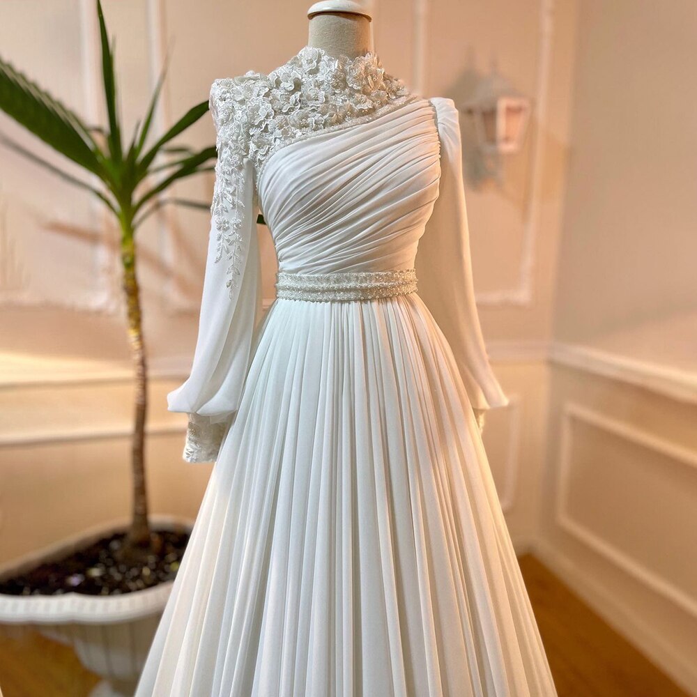 Arabic White 3D Flowers Muslim Evening Dresses Gowns 2025 Beaded A-Line For Women Party LA71515