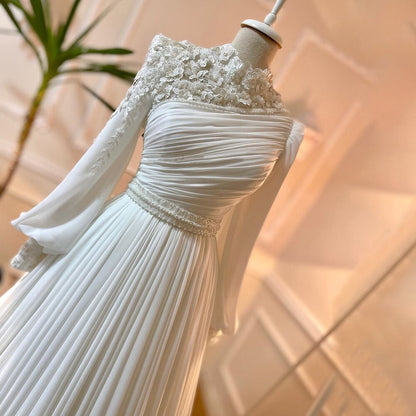 Vestidos de noche musulmanes árabes blancos con flores 3D, corte A y cuentas, para mujer, fiesta, LA71515 