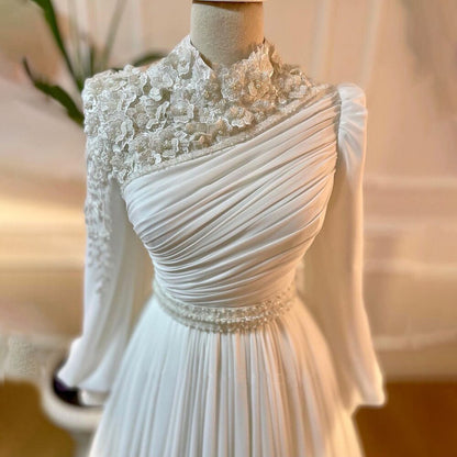 Vestidos de noche musulmanes árabes blancos con flores 3D, corte A y cuentas, para mujer, fiesta, LA71515 