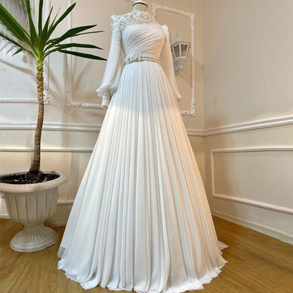 Vestidos de noche musulmanes árabes blancos con flores 3D, corte A y cuentas, para mujer, fiesta, LA71515 