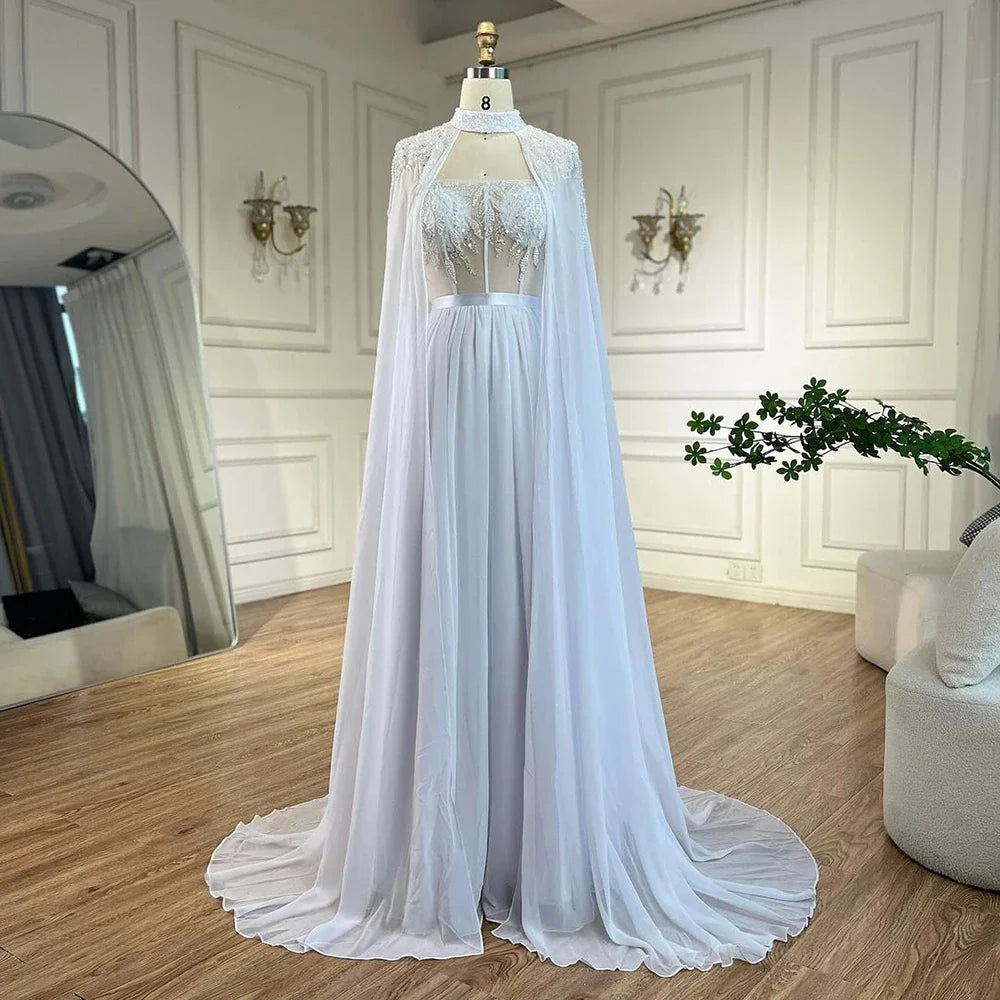 Vestido de sirena árabe de encaje blanco con cuentas y capa larga desmontable | Vestido de noche para mujer, fiesta de boda 2025 LA72415 