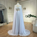 Vestido de sirena árabe de encaje blanco con cuentas y capa larga desmontable | Vestido de noche para mujer, fiesta de boda 2025 LA72415 