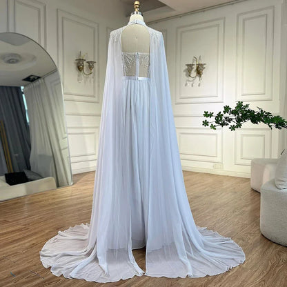 Vestido de sirena árabe de encaje blanco con cuentas y capa larga desmontable | Vestido de noche para mujer, fiesta de boda 2025 LA72415 