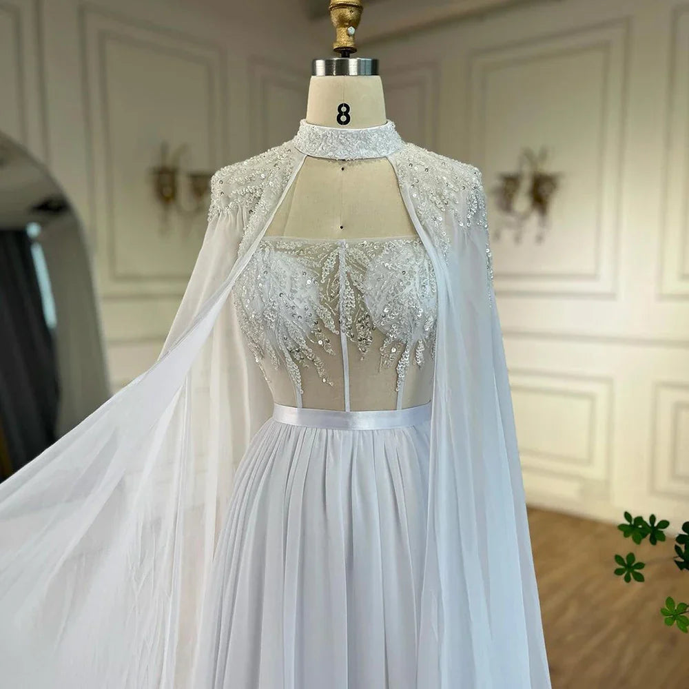 Vestido de sirena árabe de encaje blanco con cuentas y capa larga desmontable | Vestido de noche para mujer, fiesta de boda 2025 LA72415 