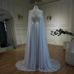 Vestido de sirena árabe de encaje blanco con cuentas y capa larga desmontable | Vestido de noche para mujer, fiesta de boda 2025 LA72415 