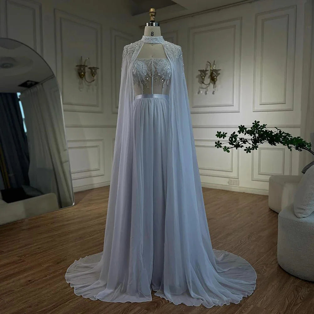 Vestido de sirena árabe de encaje blanco con cuentas y capa larga desmontable | Vestido de noche para mujer, fiesta de boda 2025 LA72415 