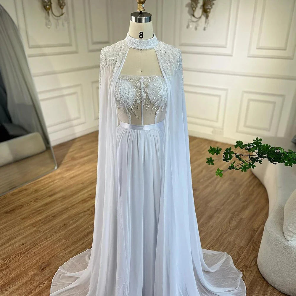 Vestido de sirena árabe de encaje blanco con cuentas y capa larga desmontable | Vestido de noche para mujer, fiesta de boda 2025 LA72415 