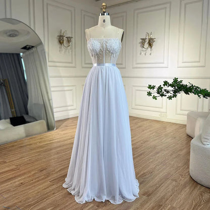 Vestido de sirena árabe de encaje blanco con cuentas y capa larga desmontable | Vestido de noche para mujer, fiesta de boda 2025 LA72415 
