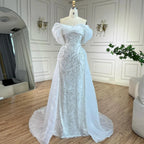 Elegante vestido de noche árabe de sirena con cuentas blancas y sobrefalda, de lujo, estilo Dubái, para mujer, para fiesta, 2025, LA72398 