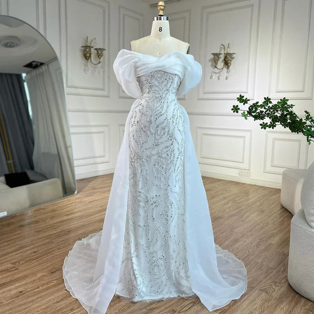 Arabic White Beaded Mermaid Elegant With Overskirt Luxury Dubai Evening Dresses Gowns for Women's Party 2025 LA72398