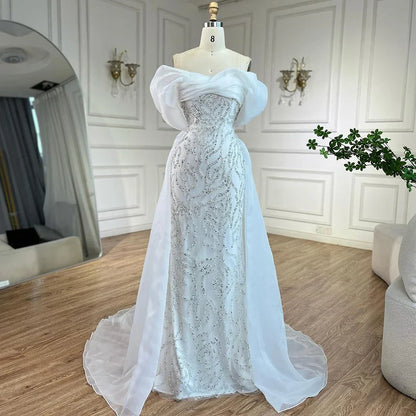 Elegante vestido de noche árabe de sirena con cuentas blancas y sobrefalda, de lujo, estilo Dubái, para mujer, para fiesta, 2025, LA72398 