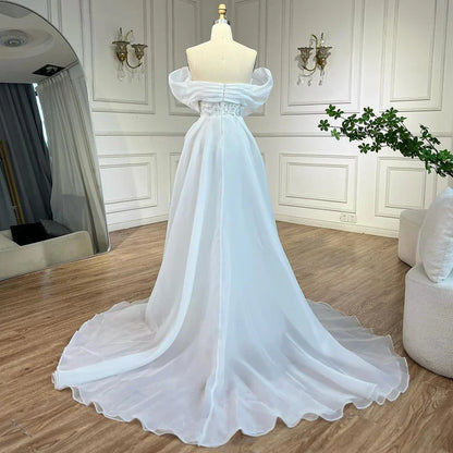 Elegante vestido de noche árabe de sirena con cuentas blancas y sobrefalda, de lujo, estilo Dubái, para mujer, para fiesta, 2025, LA72398 