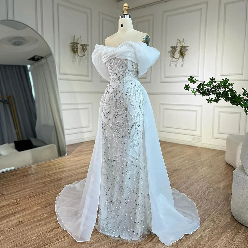 Elegante vestido de noche árabe de sirena con cuentas blancas y sobrefalda, de lujo, estilo Dubái, para mujer, para fiesta, 2025, LA72398 