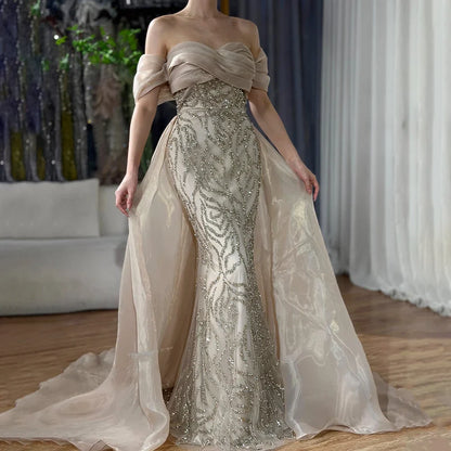 Elegante vestido de noche árabe de sirena con cuentas blancas y sobrefalda, de lujo, estilo Dubái, para mujer, para fiesta, 2025, LA72398 
