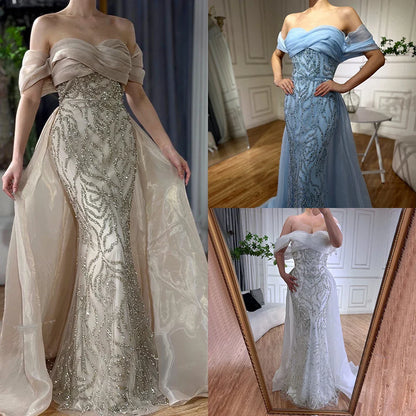 Elegante vestido de noche árabe de sirena con cuentas blancas y sobrefalda, de lujo, estilo Dubái, para mujer, para fiesta, 2025, LA72398 