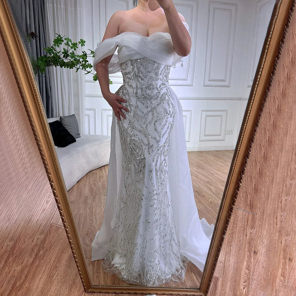 Elegante vestido de noche árabe de sirena con cuentas blancas y sobrefalda, de lujo, estilo Dubái, para mujer, para fiesta, 2025, LA72398 