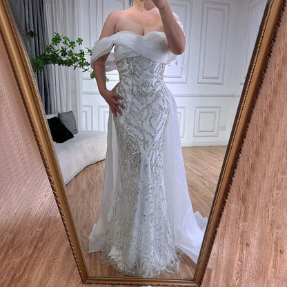 Elegante vestido de noche árabe de sirena con cuentas blancas y sobrefalda, de lujo, estilo Dubái, para mujer, para fiesta, 2025, LA72398 