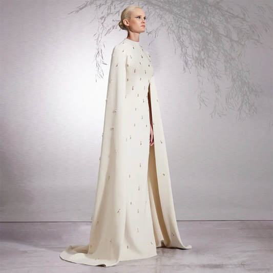 Vestido de noche árabe con hiyab blanco, elegante, estilo sirena, largo, con cuentas y satén, estilo Dubái, para mujer, fiesta, LA72487 