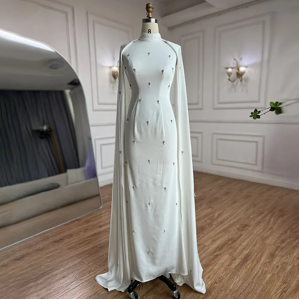 Vestido de noche árabe con hiyab blanco, elegante, estilo sirena, largo, con cuentas y satén, estilo Dubái, para mujer, fiesta, LA72487 