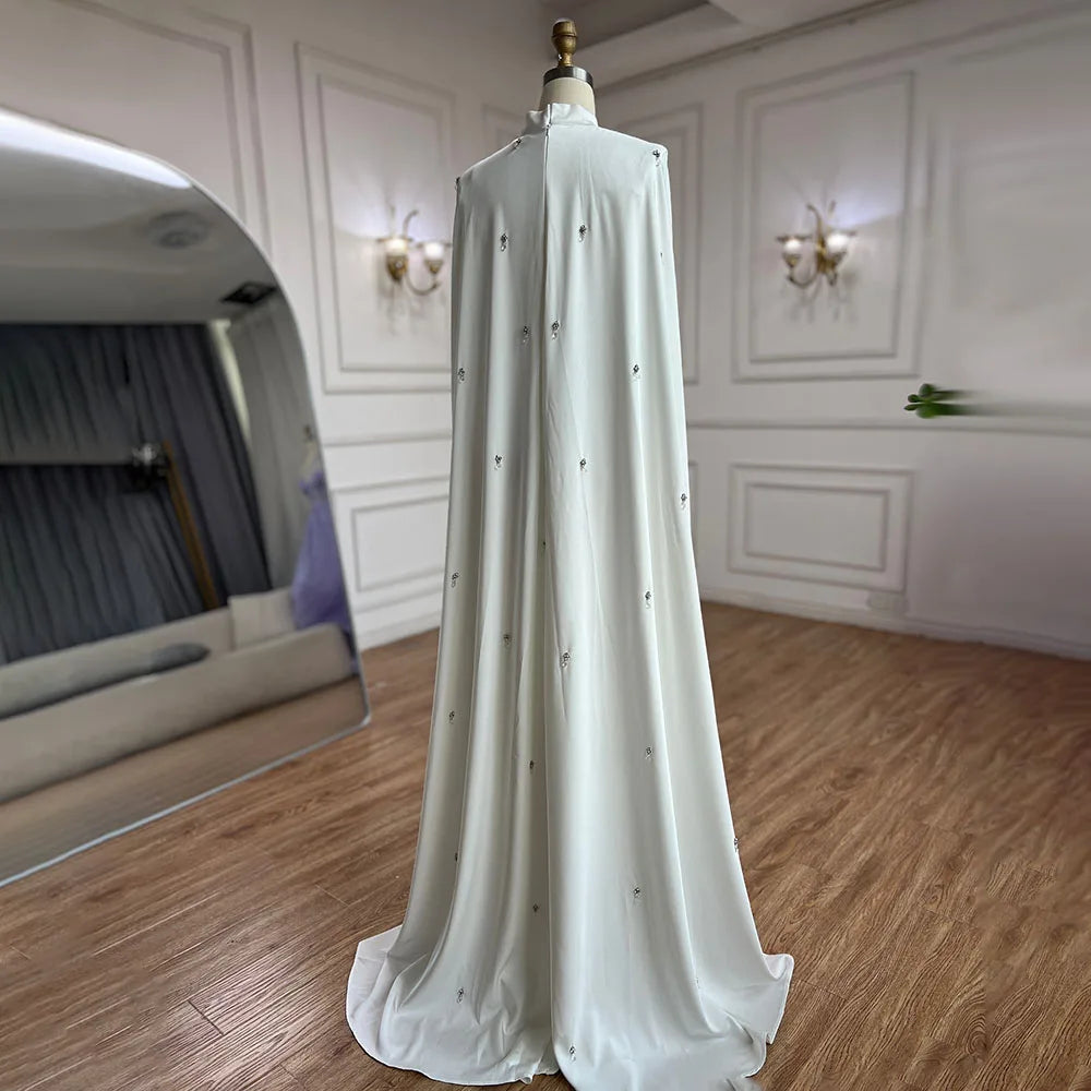 Arabic White Hijabs Mermaid Elegant Long Cloak Beaded Satin Dubai Evening Dresses Gowns For Women Party LA72487
