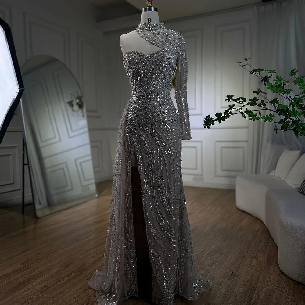 Arabisch Weiß Nude Meerjungfrau Elegant Eine Schulter Luxus Perlen Abendkleider Kleider Für Frauen Party 2025 LA72196 