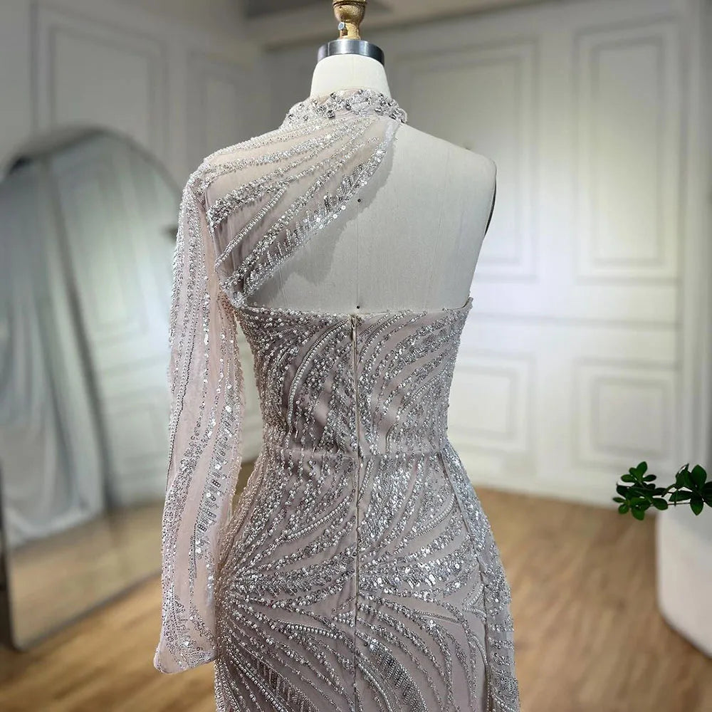 Arabisch Weiß Nude Meerjungfrau Elegant Eine Schulter Luxus Perlen Abendkleider Kleider Für Frauen Party 2025 LA72196 