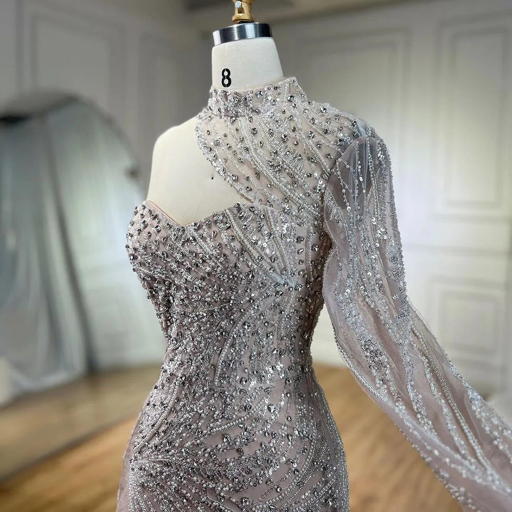 Arabisch Weiß Nude Meerjungfrau Elegant Eine Schulter Luxus Perlen Abendkleider Kleider Für Frauen Party 2025 LA72196 
