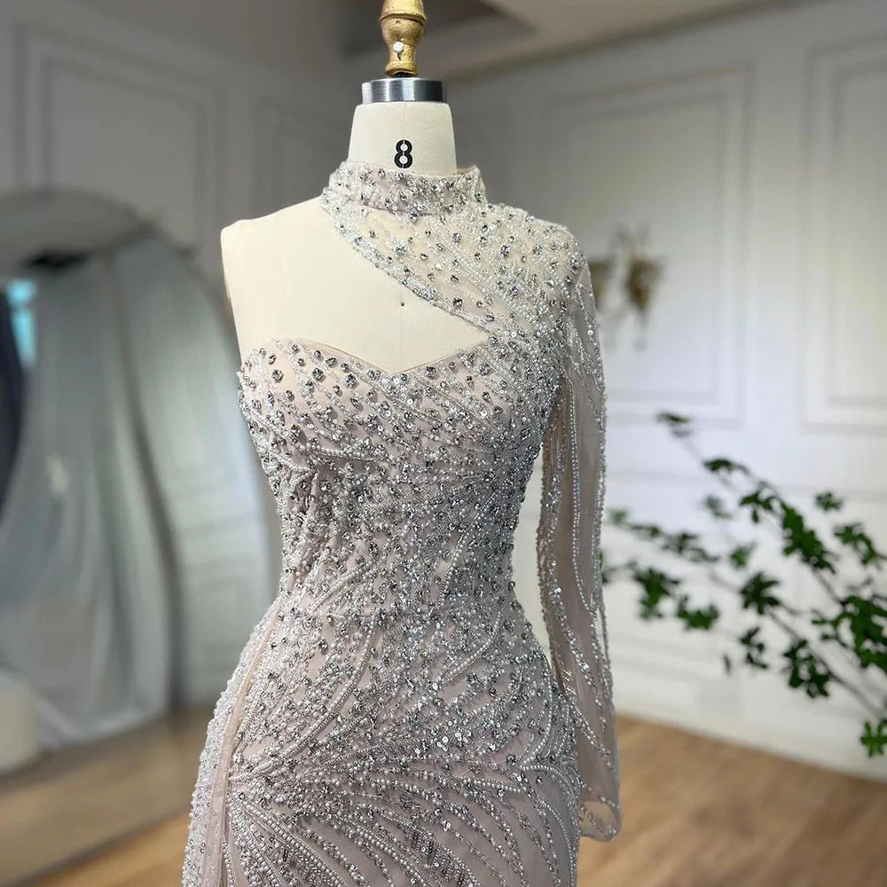 Arabisch Weiß Nude Meerjungfrau Elegant Eine Schulter Luxus Perlen Abendkleider Kleider Für Frauen Party 2025 LA72196 