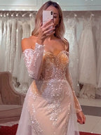 Arabisch Weiß Nude Meerjungfrau Elegante Sexy Weg Von Der Schulter Abendkleider Kleider Luxus Pailletten 2025 Party LA71892 